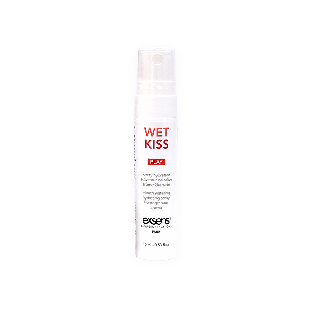 Exsens Wet Kiss Pomegranate Moisturizing Saliva Spray 15 ml bottle with refreshing flavor and moisturizing properties.