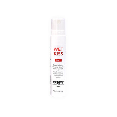 Exsens Wet Kiss Pomegranate Moisturizing Saliva Spray 15 ml bottle with refreshing flavor and moisturizing properties.