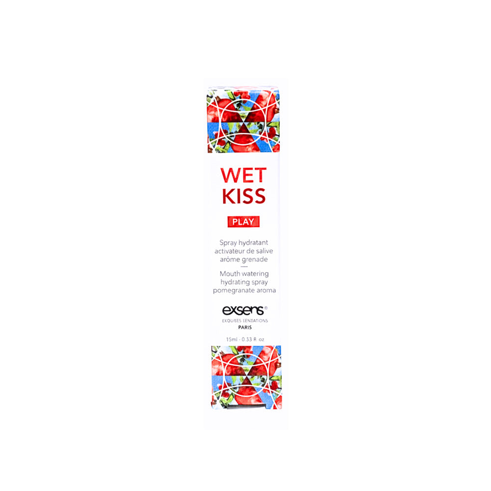 Exsens Wet Kiss Pomegranate Moisturizing Saliva Spray 15 ml packaging with vibrant designs and flavor description.