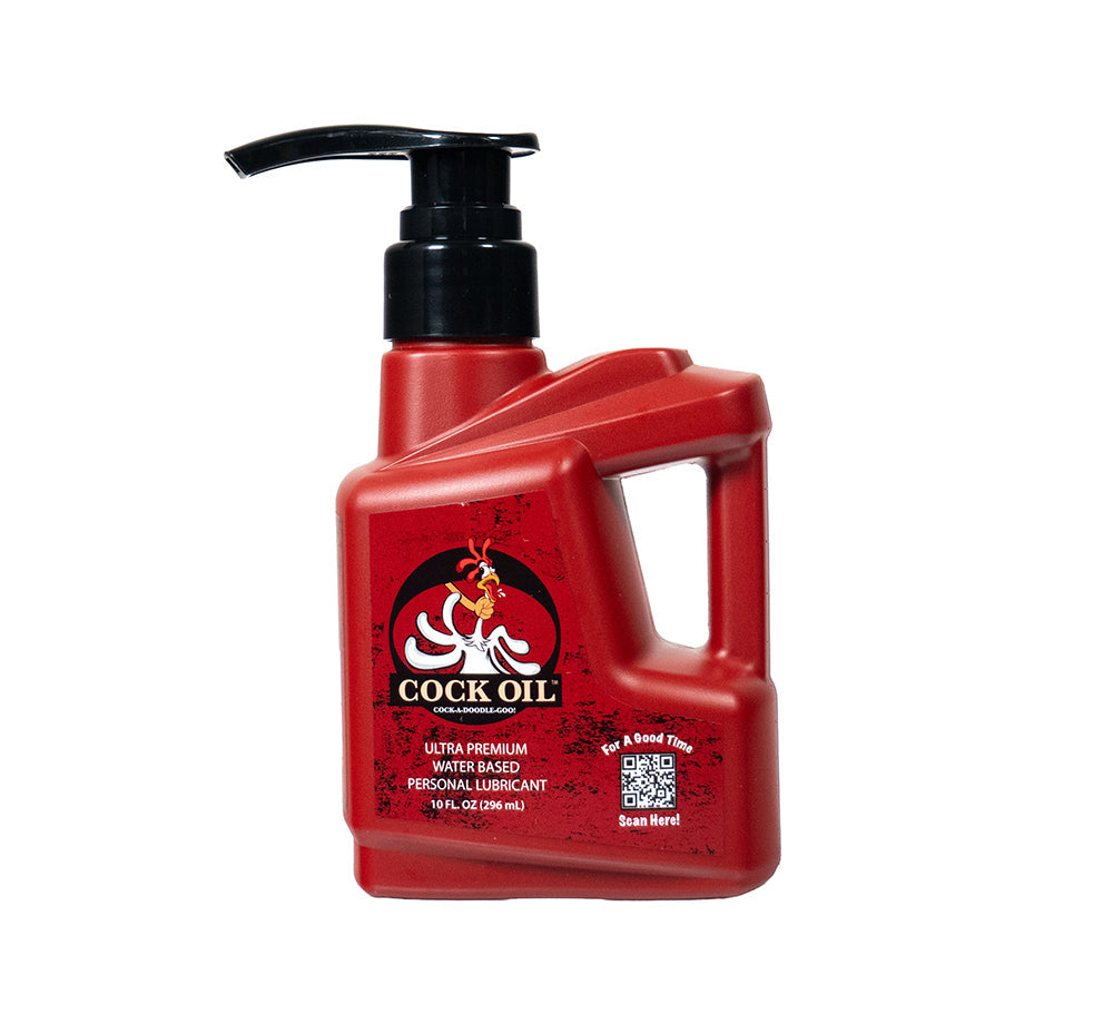 Cock Oil Water-based Lubricant Pump Bottle 10 Oz in a red pump bottle with easy-to-use design