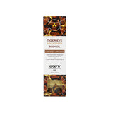 Exsens Body Oil Tiger Eye Macadamia 3.4 Oz packaging with organic label and crystal-infused design.