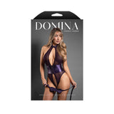 Fantasy Lingerie Domina Open Halter Teddy Deep Purple showcased on a model, highlighting its sultry design and elegant details.
