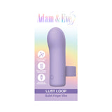 Adam & Eve Lust Loop Bullet Finger Vibe in lavender packaging showcasing its features and design.