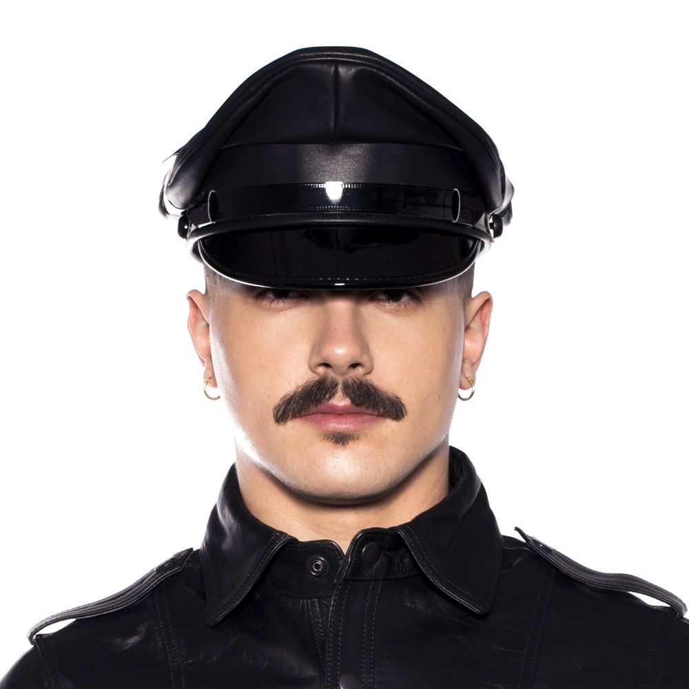 Prowler RED Military Cap Black Large 59cm showcased on a model, enhancing a bold leather look.