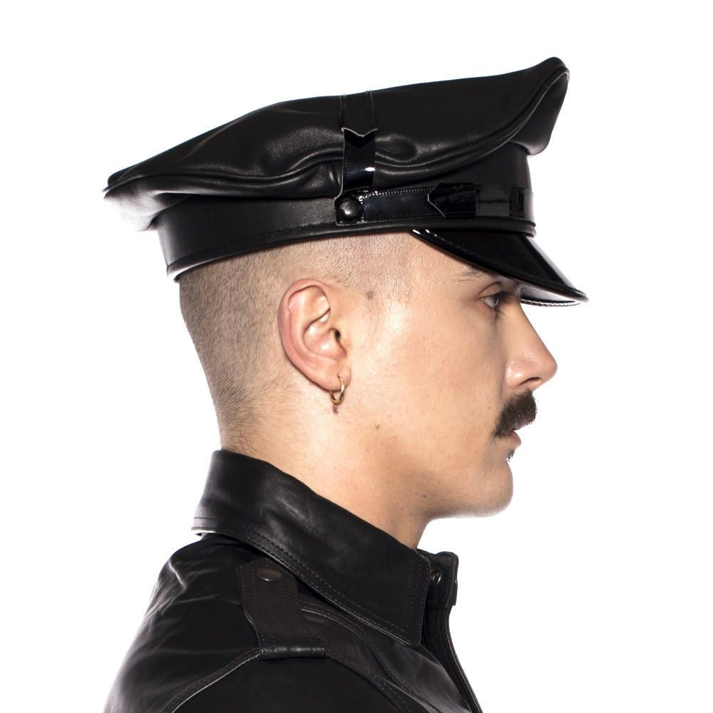 Prowler RED Military Cap Black Large 59cm worn by a man in profile, showcasing its sleek leather design.