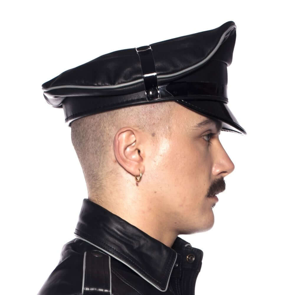 Prowler RED Military Cap Grey Large 59cm worn by a model with a leather jacket, showcasing a sleek profile view.