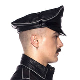 Prowler RED Military Cap Grey Large 59cm worn by a model with a leather jacket, showcasing a sleek profile view.