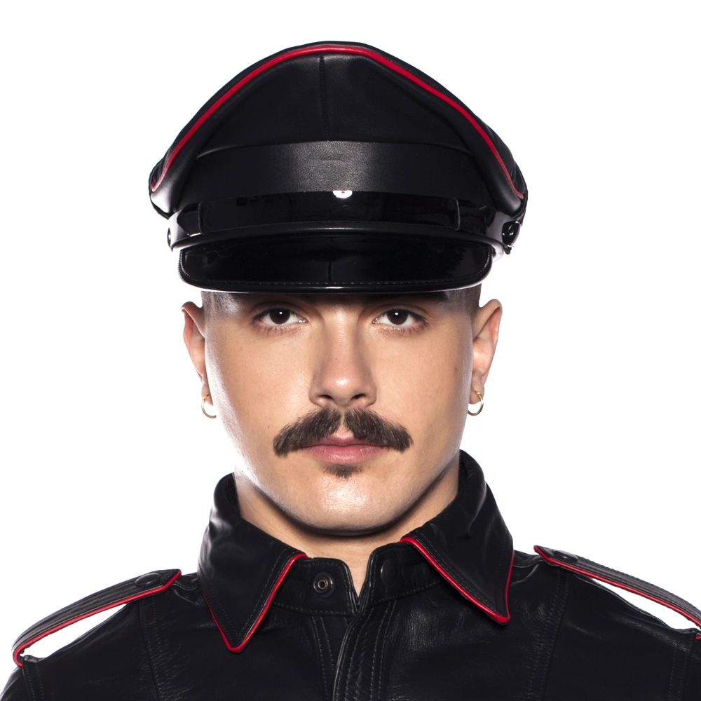 Prowler Red Military Cap Black Red 59 cm Large worn by a model featuring leather attire and a stylish mustache.
