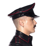 Prowler Red Military Cap Black Red 59 cm Large showcased on model in profile, emphasizing style and leather design.