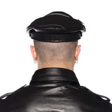 Prowler RED Military Cap Black 57cm Medium worn from behind, showcasing its sleek design and leather look.