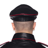 Prowler RED Military Cap Black Red 61cm XL viewed from the back on a model's head wearing a leather jacket.