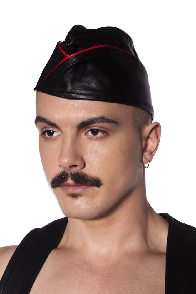 Prowler Red Triangle Cap Black Red 55 cm Small on model, showcasing bold style for fetish nights or clubs.