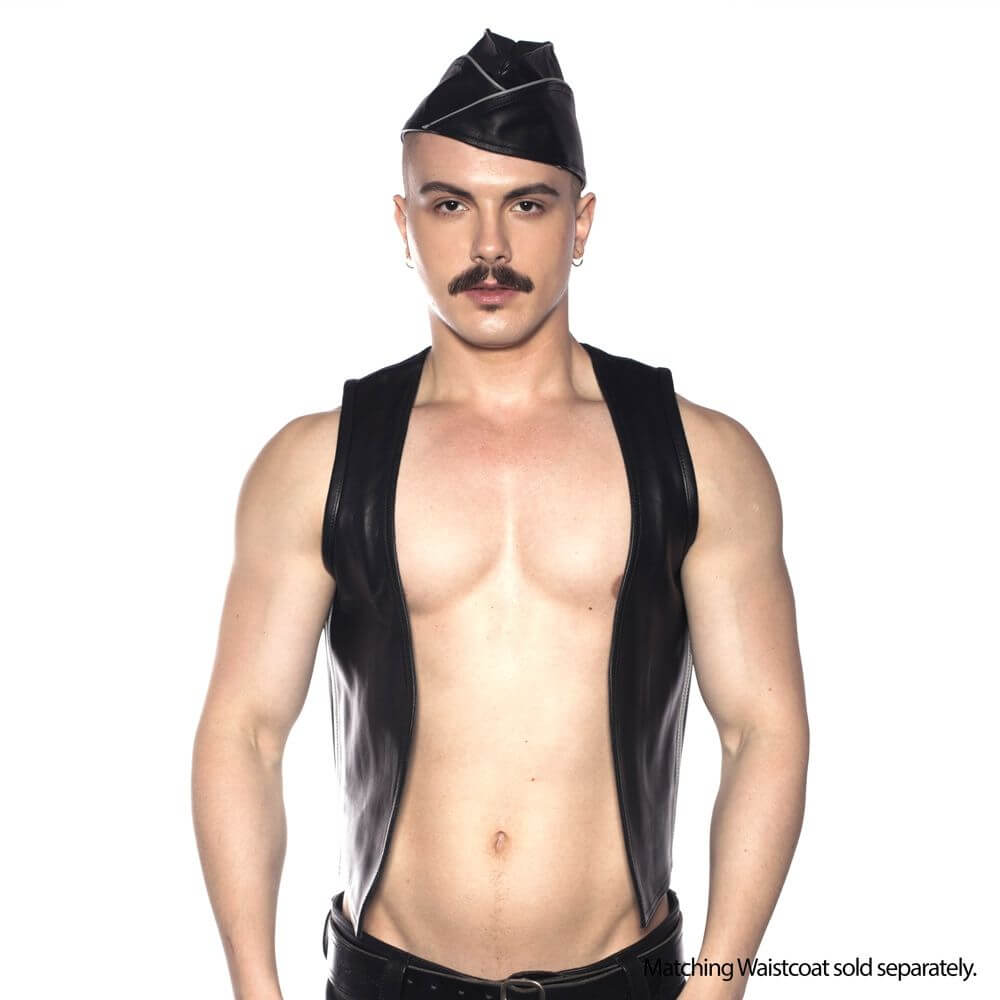Man wearing the Prowler RED Triangle Cap Grey 61cm XL with a leather vest, showcasing a bold fetish style.