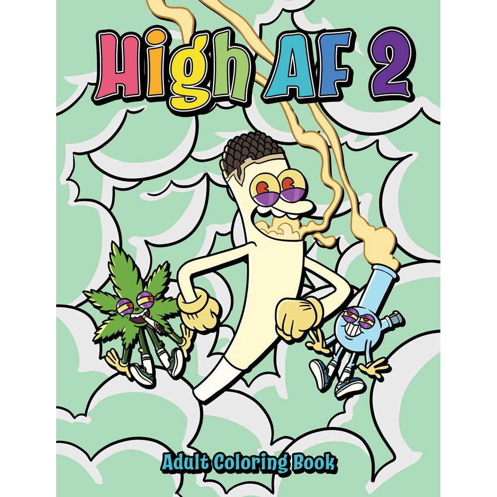 Cover of Wood Rocket High Af 2 Adult Coloring Book featuring humorous characters and cannabis themes.