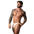Male Power Mykonos Limited Edition Bong Thong Ivory S/M on a muscular man showcasing stylish underwear.