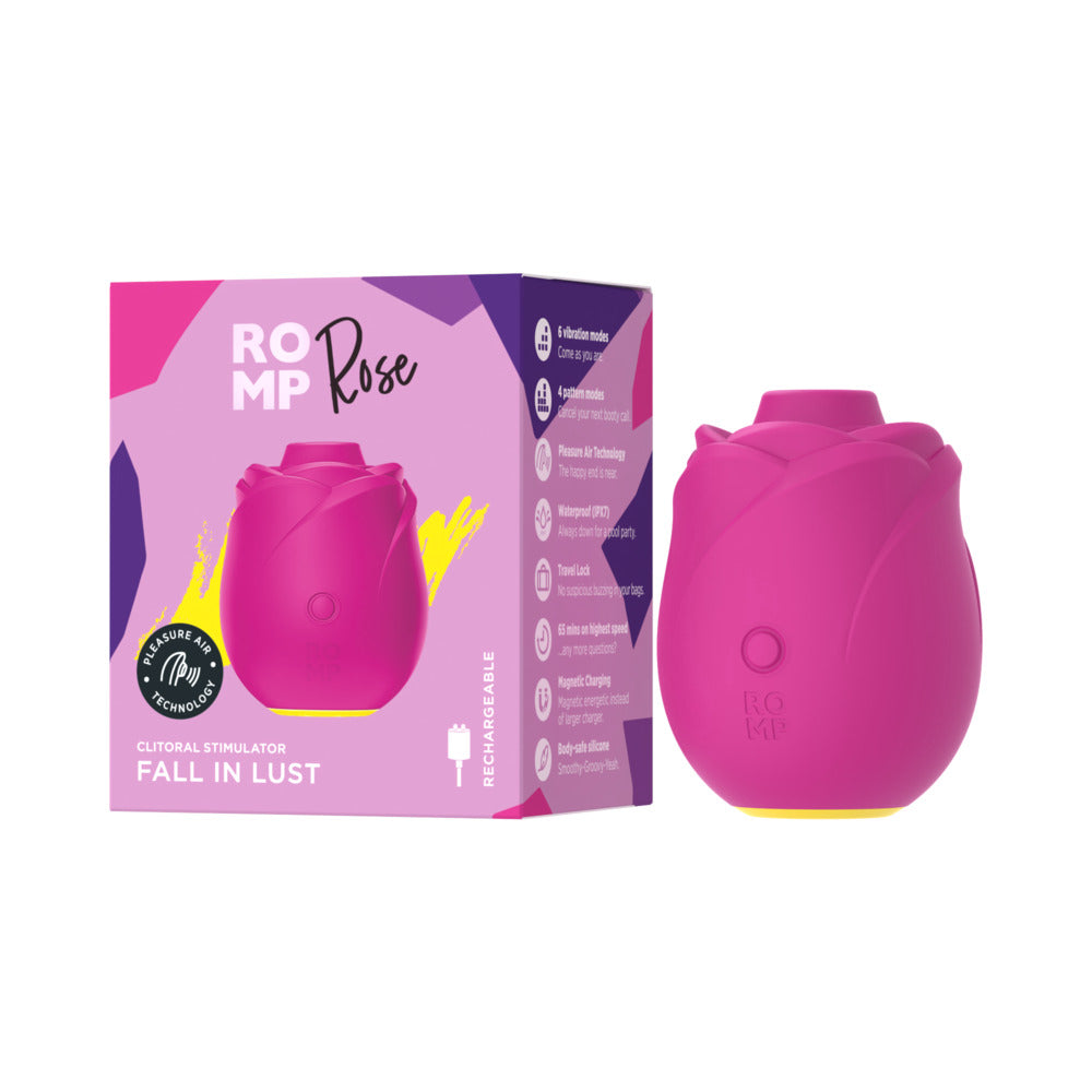 Romp Rose 2.0 Air Suction Stimulator with packaging, featuring a rose-inspired design in vibrant pink.
