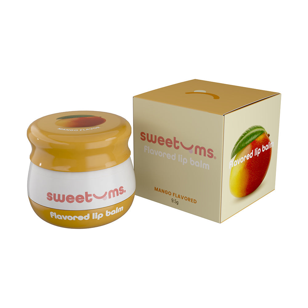 Sweetums Flavored Lip Balm Mango in a jar with packaging, featuring tropical mango theme and glossy finish.
