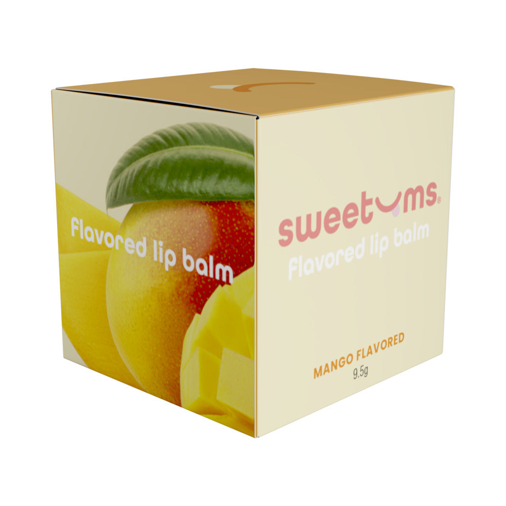 Sweetums Flavored Lip Balm Mango product packaging showcasing mango flavor and branding.