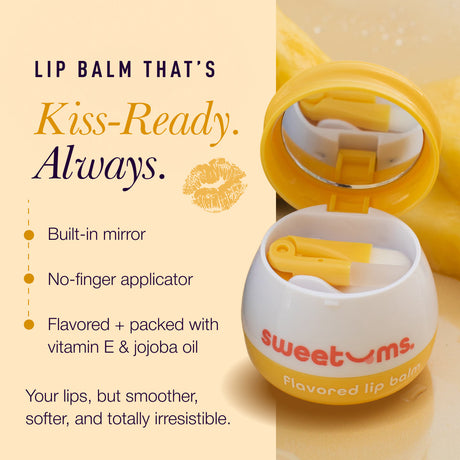 Sweetums Flavored Lip Balm Mango with built-in mirror and no-finger applicator for smooth, irresistible lips.