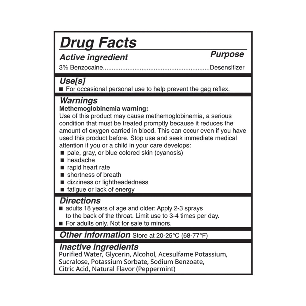 Drug facts label for Adam & Eve Deep Throat Desensitizing Spray Peppermint, featuring 3% Benzocaine.