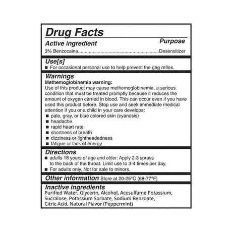 Drug facts label for Adam & Eve Deep Throat Desensitizing Spray Peppermint, featuring 3% Benzocaine.