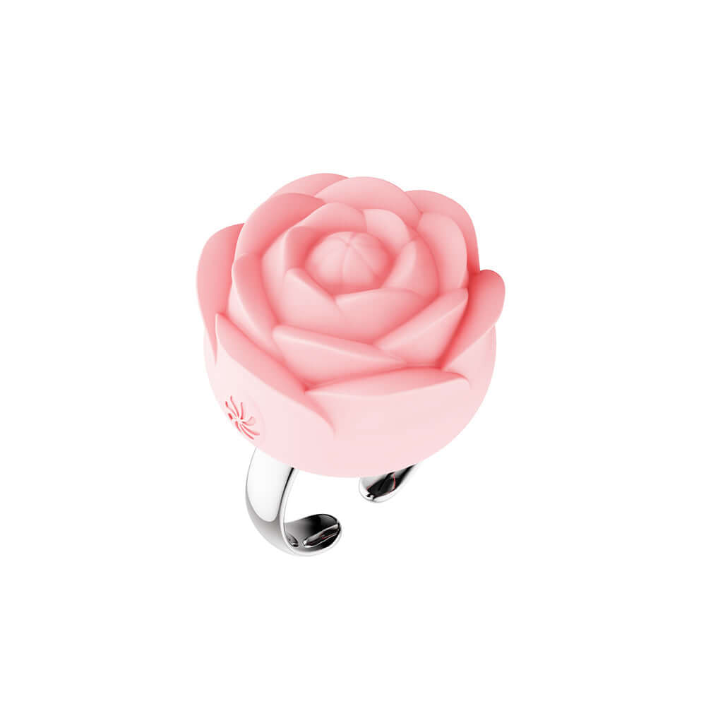 The Pleasure Company Fiore Rose Ring Vibrator Pink in stylish floral design, compact size, and vibrant pink color.