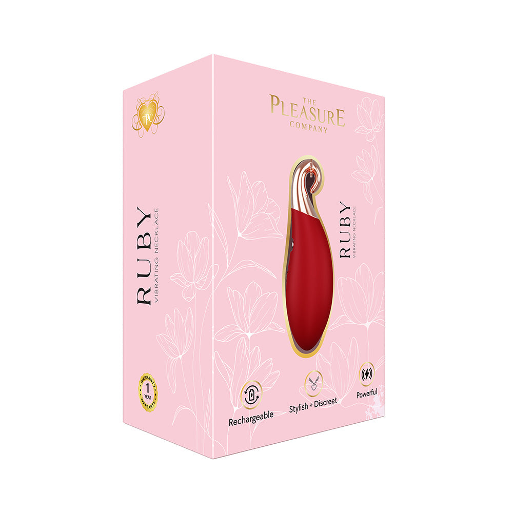 The Pleasure Company Ruby Vibrating Necklace box packaging featuring its rechargeable and discreet design.