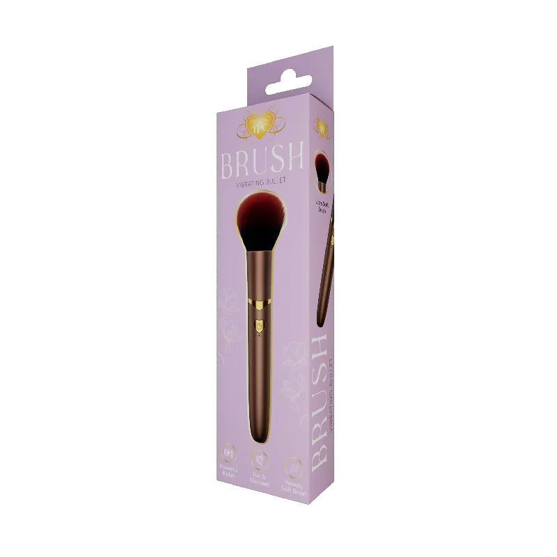 The Pleasure Company Brush Vibrating Bullet Gold in elegant packaging showcasing its 2-in-1 design and soft bristles.