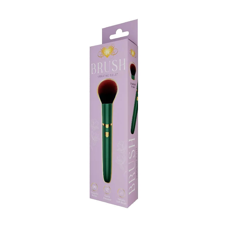 The Pleasure Company Brush Vibrating Bullet Green in elegant packaging showcasing its dual functionality.