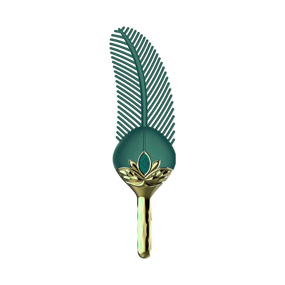 The Pleasure Company Cleo Vibrating Tickler Green features soft feathers and gentle vibrations for luxurious sensual play.