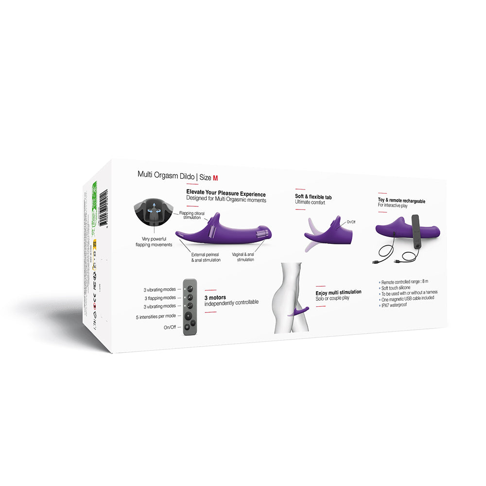 Strap-on-me Multi Orgasm Dildo Medium Purple packaging showing features and controls for enhanced pleasure experience.
