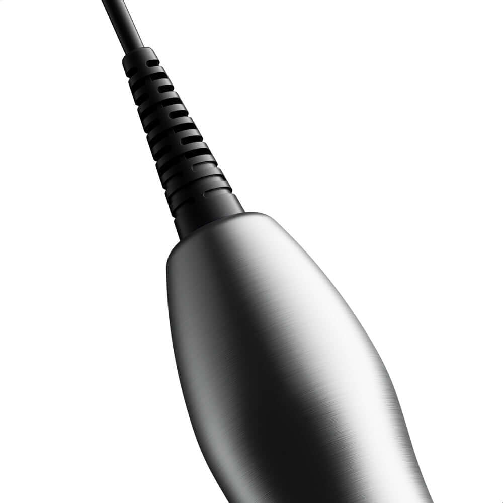Close-up of the Doxy Die Cast Max Plug-in Wand Massager Silver's power cord connector detail.