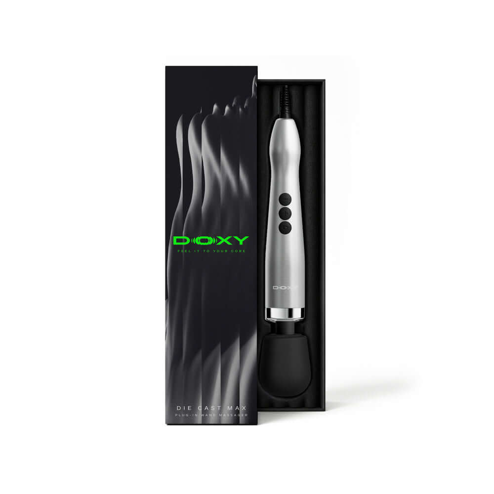 Doxy Die Cast Max Plug-in Wand Massager Silver in its sleek packaging, showcasing its elegant design and powerful features.