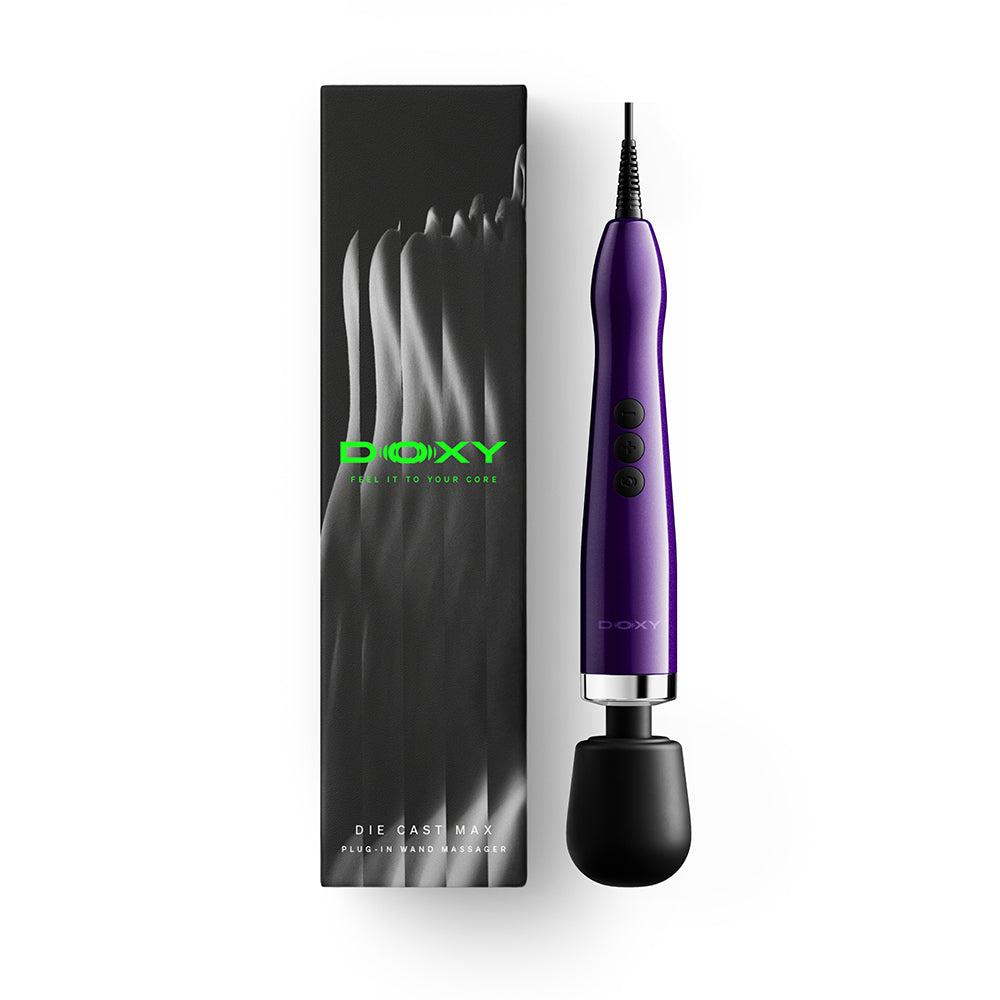 Doxy Die Cast Max Plug-in Wand Massager Purple with packaging, showcasing sleek design and power features.