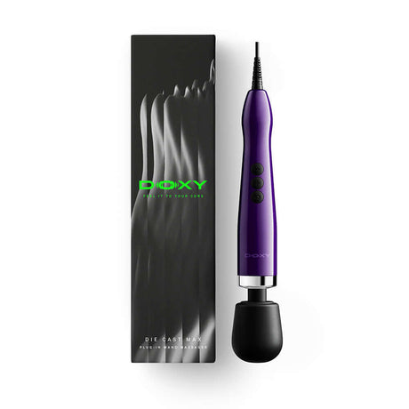 Doxy Die Cast Max Plug-in Wand Massager Purple with packaging, showcasing sleek design and power features.