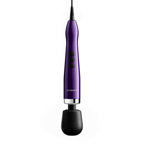 Doxy Die Cast Max Plug-in Wand Massager Purple with solid body and control buttons.