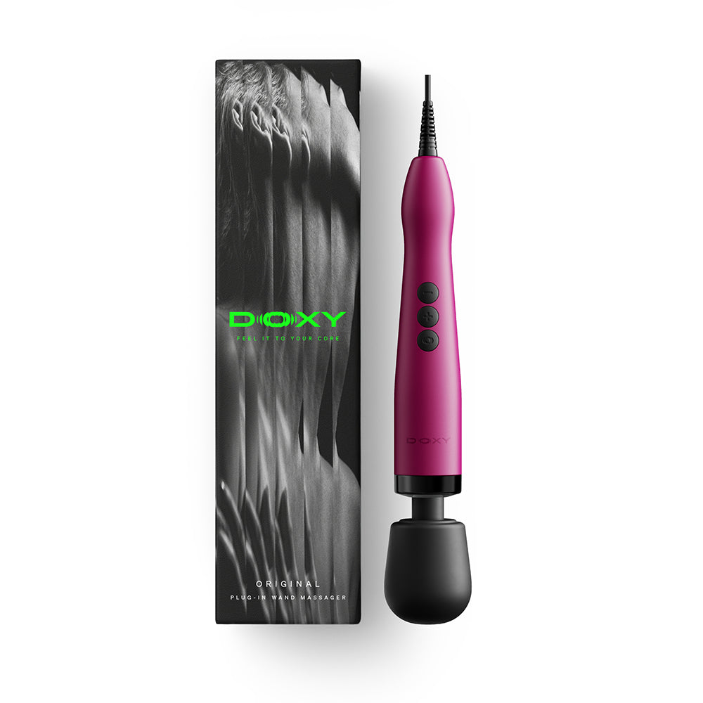 Doxy Original Massager Wand Massager Pink next to its packaging, showcasing its sleek design and features.