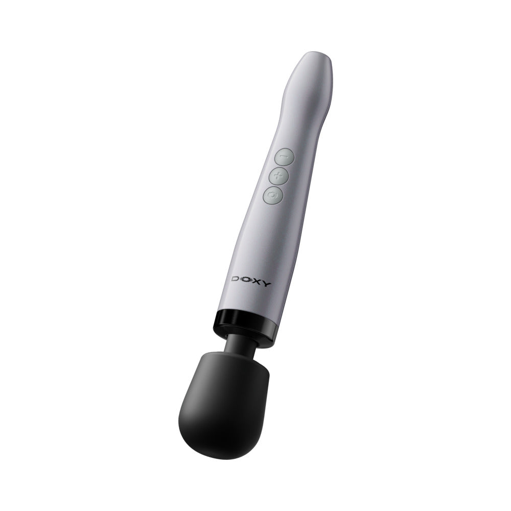 Doxy Die Cast Max Cordless Wand White with sleek design and control buttons for deep, powerful vibrations.