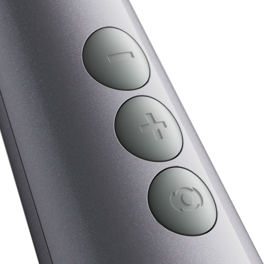 Doxy Die Cast Max Cordless Wand White close-up of control buttons for adjustable speed and settings.