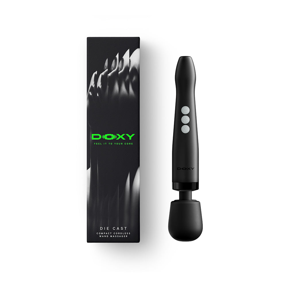 Doxy Die Cast Compact Cordless Wand Black with sleek design and packaging, ideal for versatile use and performance.