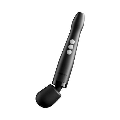 Doxy Die Cast Compact Cordless Wand Black with three control buttons and a rounded tip for versatile use.