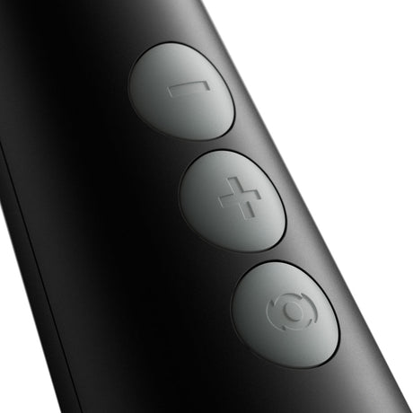 Doxy Die Cast Compact Cordless Wand Black buttons showing speed and power settings for optimal experience.