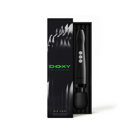 Doxy Die Cast Compact Cordless Wand Black in packaging, showcasing its sleek design and premium features.