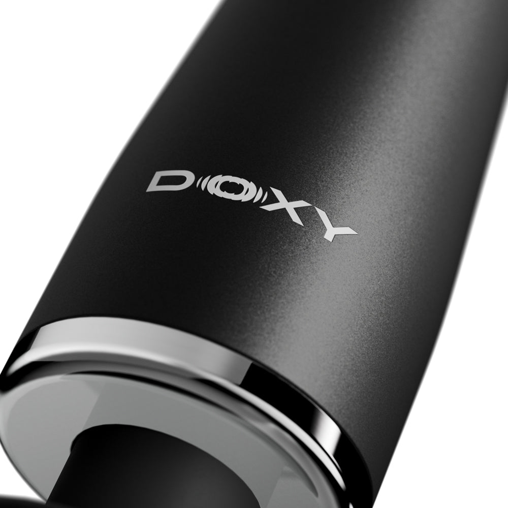 Doxy Go Travel-sized Wand Massager Black close-up showing logo and sleek design for travel and convenience.