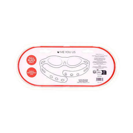 Me You Us Silicone Full Blindfold package showing adjustable design and full blackout feature.