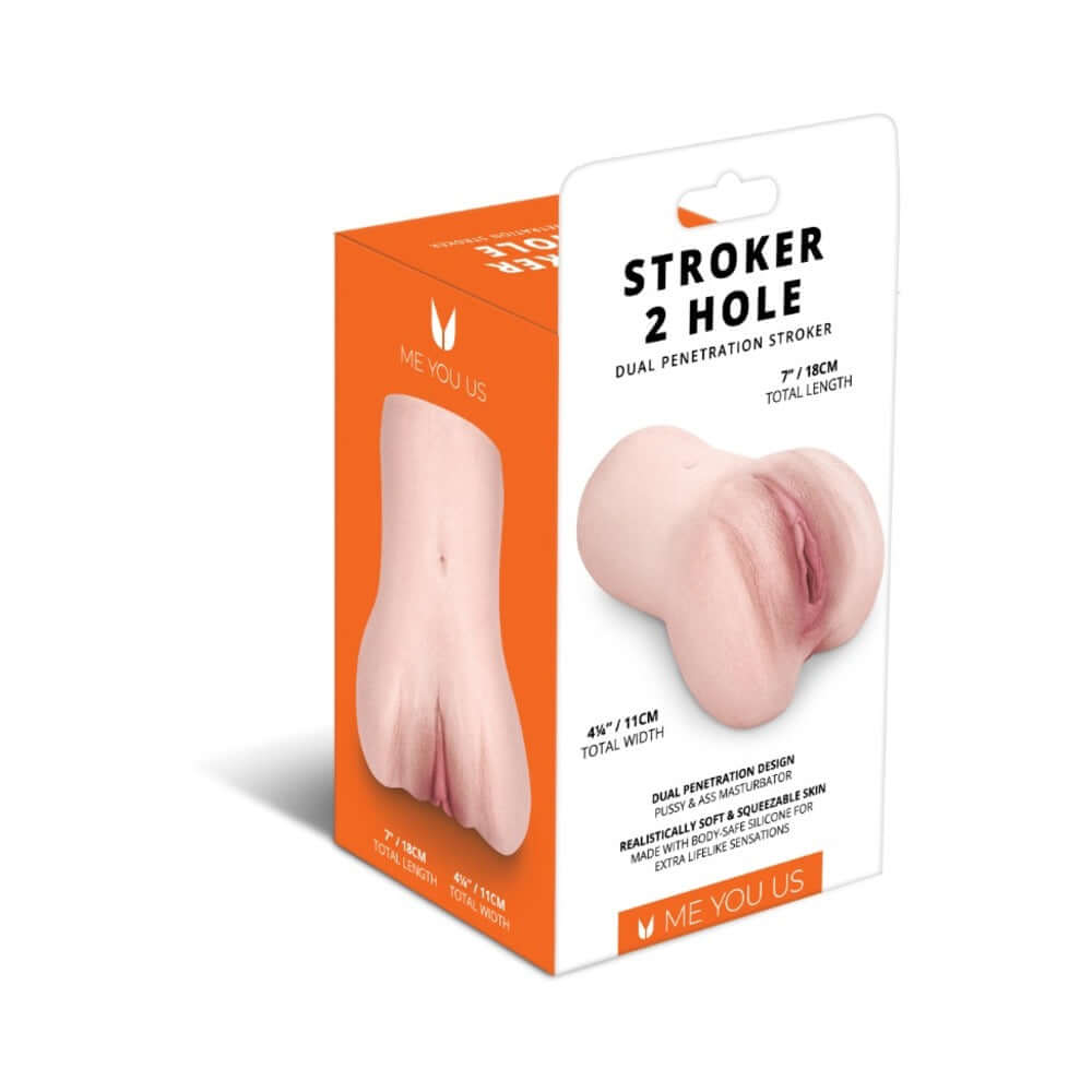 Me You Us Male Masturbator Stroker 2-Hole Silicone packaging showcasing dual penetration design and soft realistic texture.