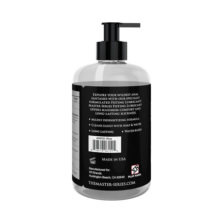Master Series Fisting Lubricant 16 Oz bottle back view with description and usage instructions.
