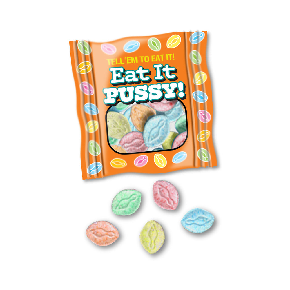 Eat It Pussy 5pc Bag 100-piece Display featuring colorful fruity hard candies in a playful packaging.