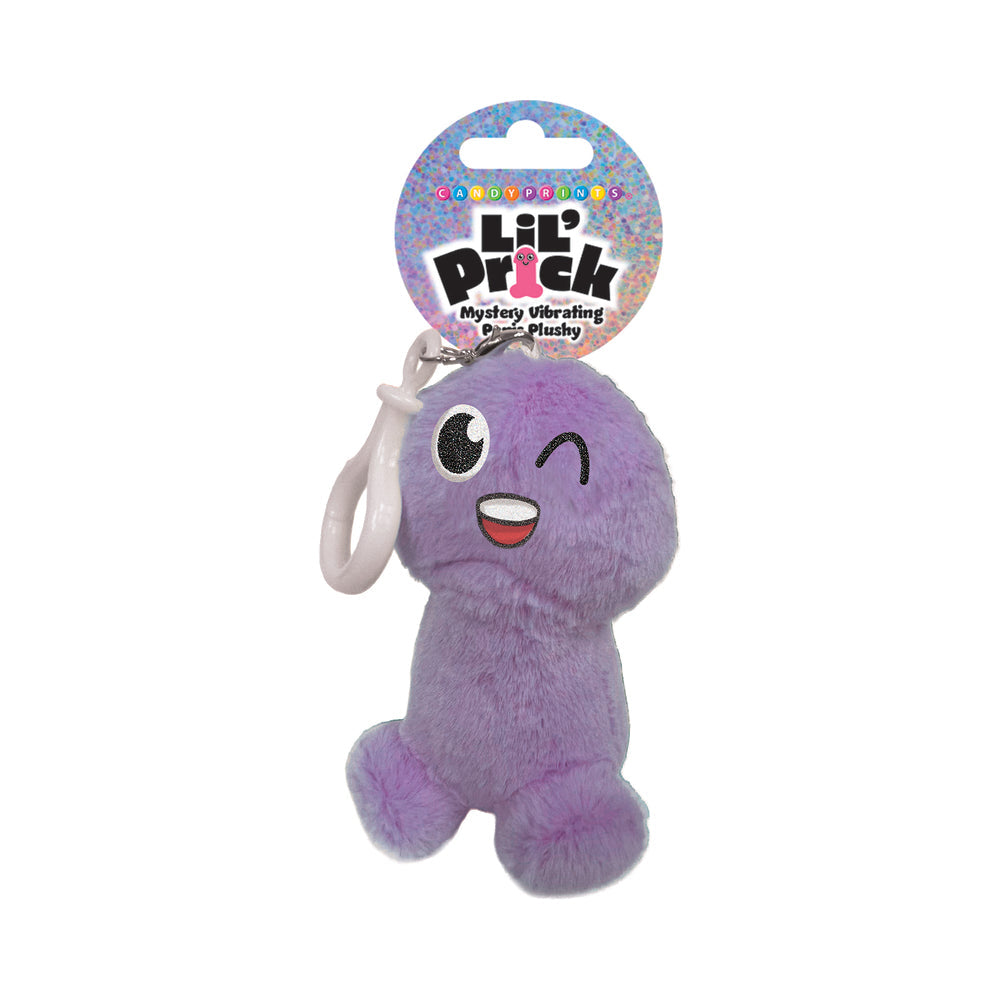 Lil Pricks Mystery Box Plush Penis Keychain in purple, smiling plush keychain with clip for bags and keys.