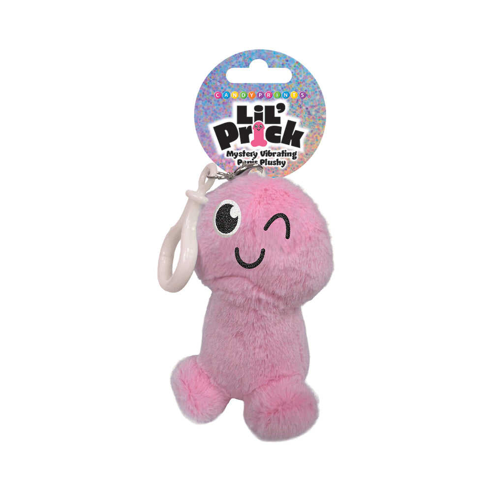 Lil Pricks Mystery Box Plush Penis Keychain in pink with a smiling face, perfect for cheeky accessory lovers.